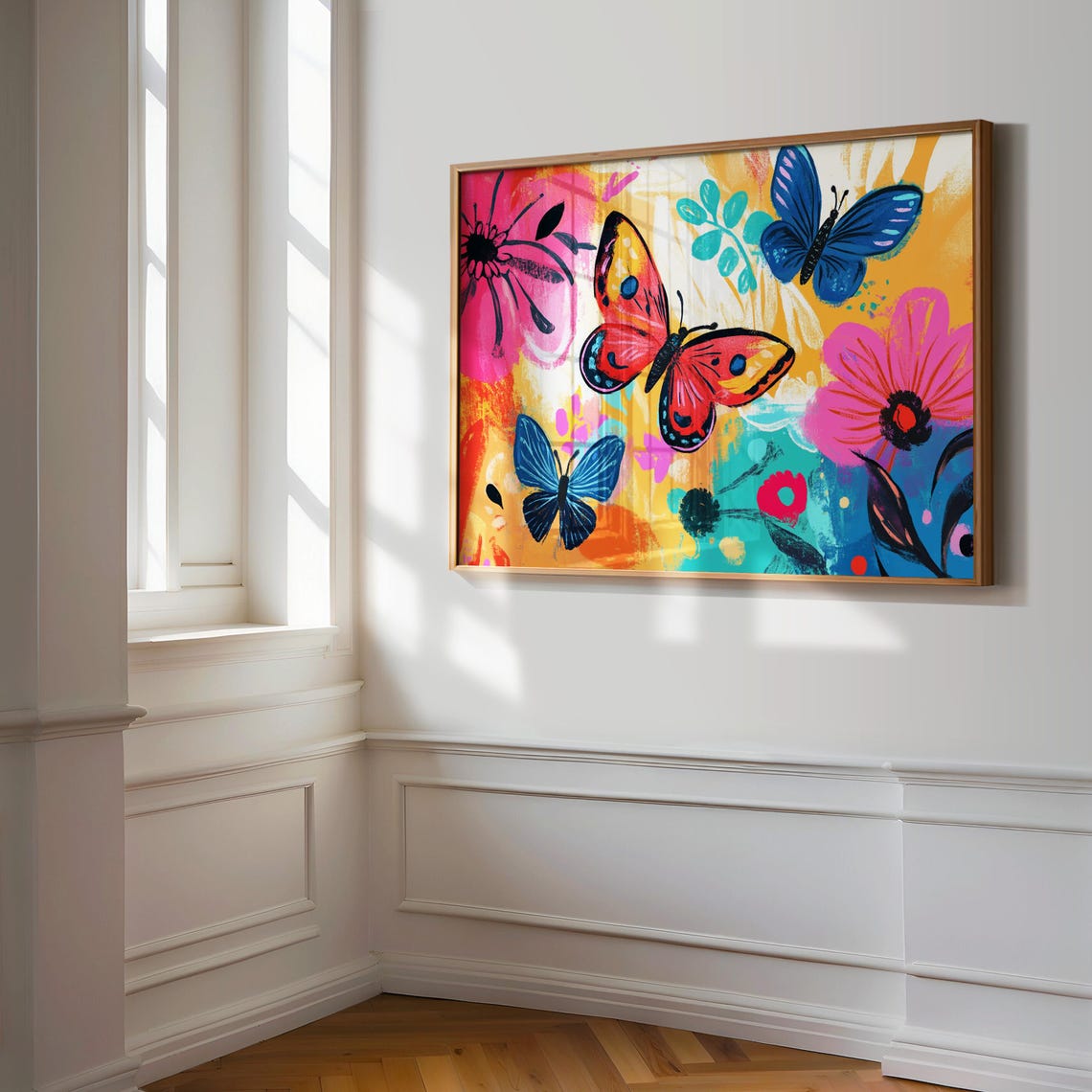 Three Red Blue Butterflies Among Pink Blossoms Bright Poster - Image 3