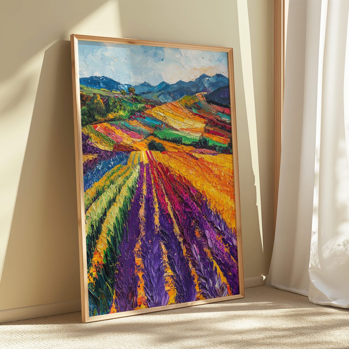 Vibrant Purple Flower Field Rows Colorful Mountain Landscape Print - Image 5