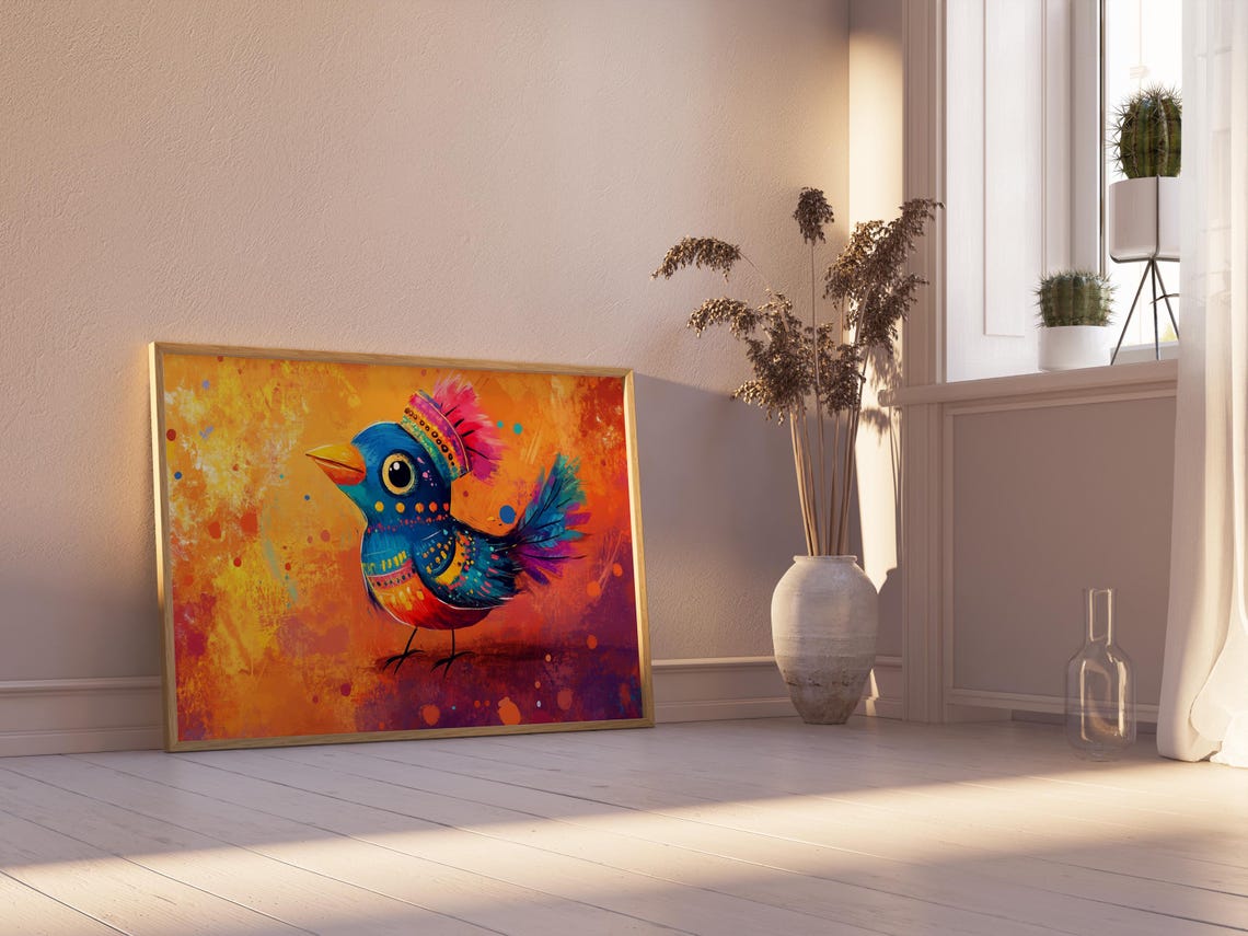 Chubby Bluebird Rainbow Crown Big Cheerful Eye Sunset Ember Art Print - Image 2