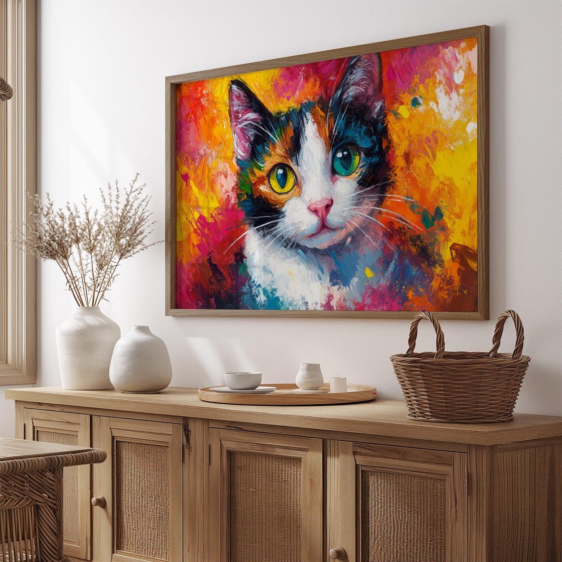 Calico Cat Portrait Fiery Red Orange Abstract Background Poster