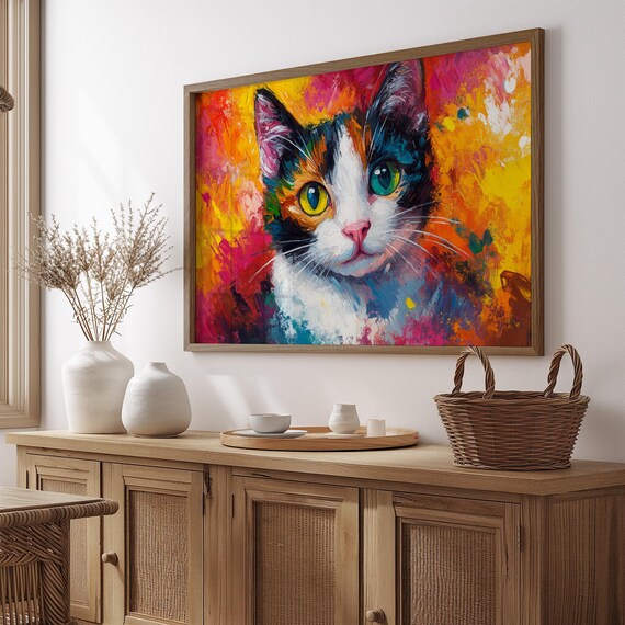 Calico Cat Portrait Fiery Red Orange Abstract Background Poster