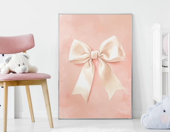 Champagne Satin Bow On Blush Pink Watercolor Nursery Decor Poster