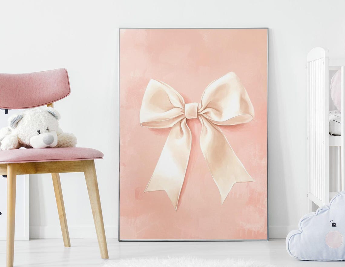 Champagne Satin Bow On Blush Pink Watercolor Nursery Decor Poster