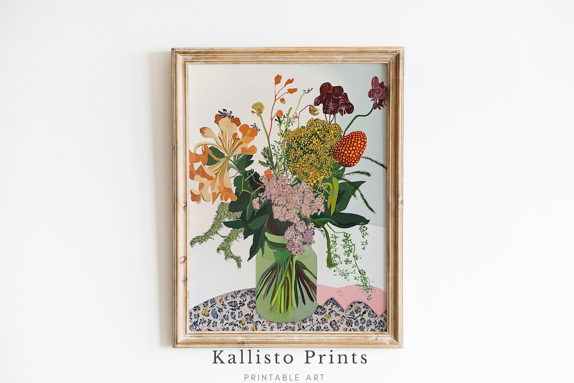 Wild Botanical Bouquet In Green Glass Jar Autumn Flower Wall Art