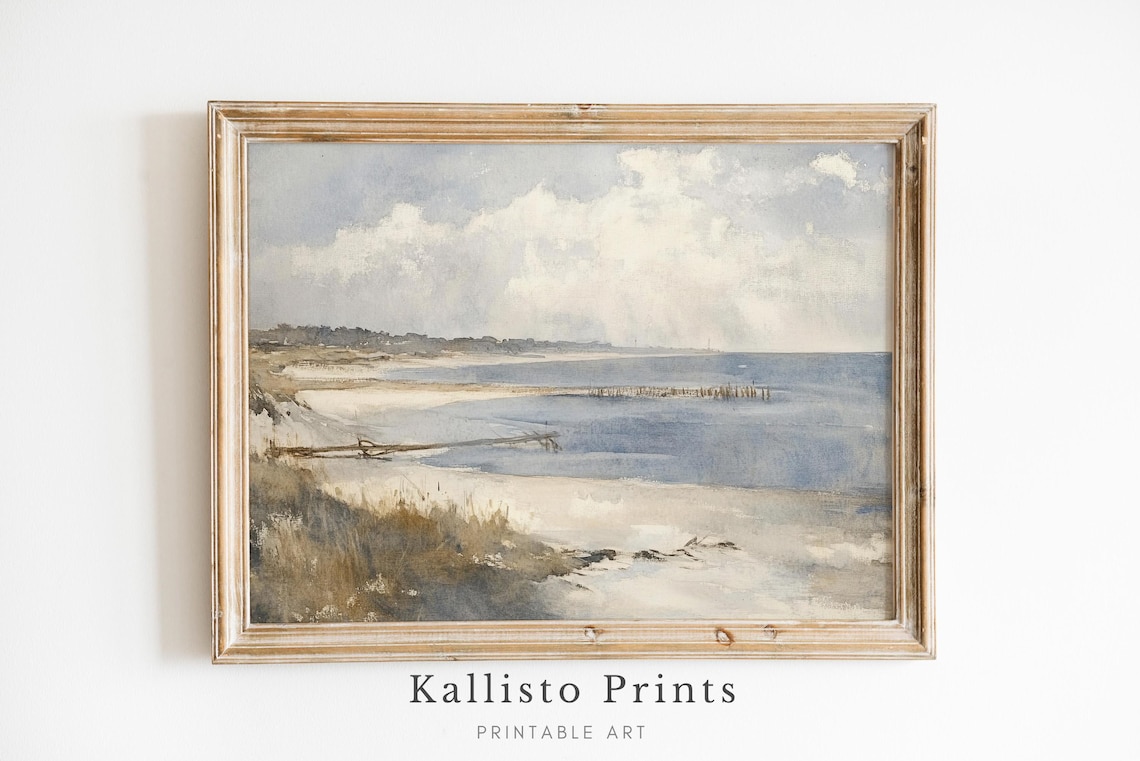 Watercolor Beach Scene With Dune Grass Driftwood And Old Pier Pilings Poster