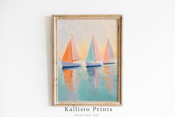 Three Pastel Sailboats Calm Sea Nautical Coastal Decor Print