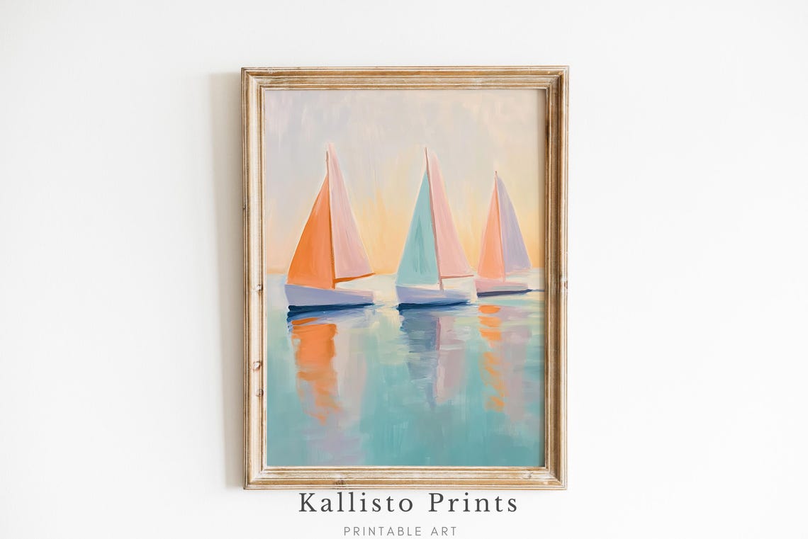 Three Pastel Sailboats Calm Sea Nautical Coastal Decor Print