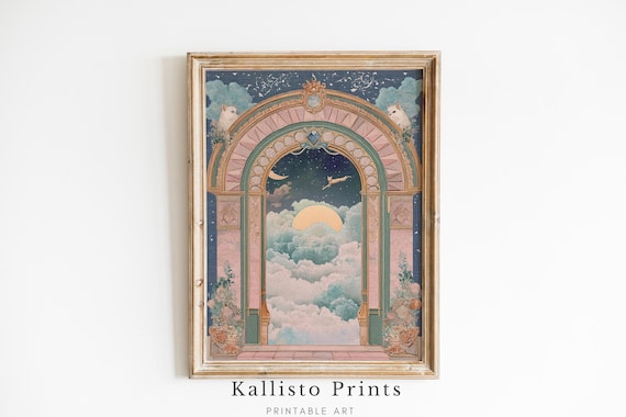 Celestial Archway Night Sky Cats Moon And Clouds Dreamy Fantasy Wall Art