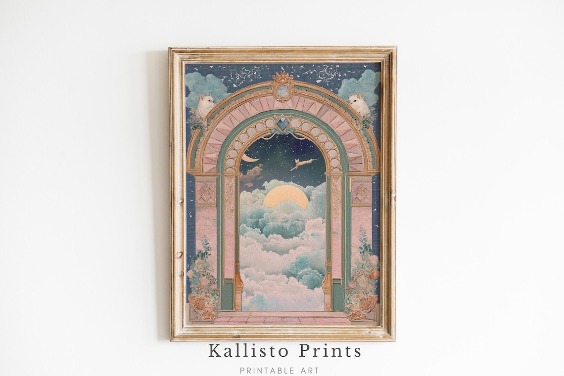 Celestial Archway Night Sky Cats Moon And Clouds Dreamy Fantasy Wall Art