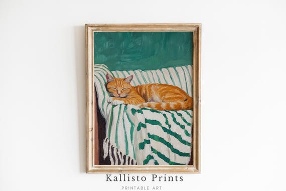 Sleeping Ginger Cat Vintage Rustic Art Print