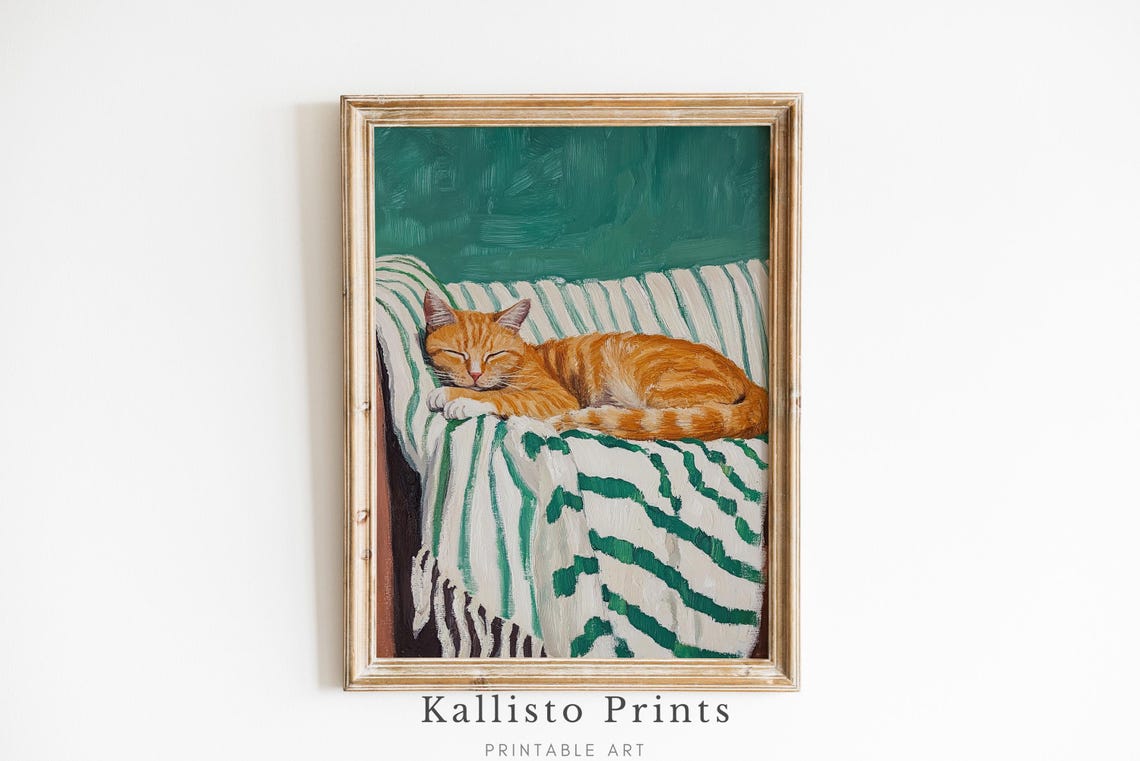 Sleeping Ginger Cat Vintage Rustic Art Print