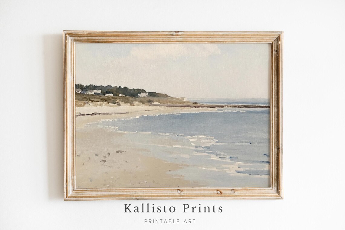 Serene Coastal Beach With Calm Sea Muted Minimalist Shoreline Poster