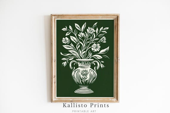 Vintage Floral Vase Illustration Green And White Botanical Classic Wall Art For Home Decor 370