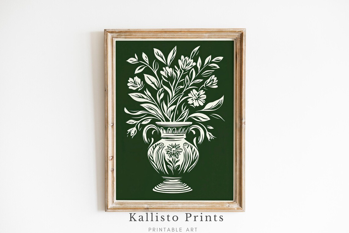 Green Botanical Vase Line Art Poster White Floral Illustration Decor