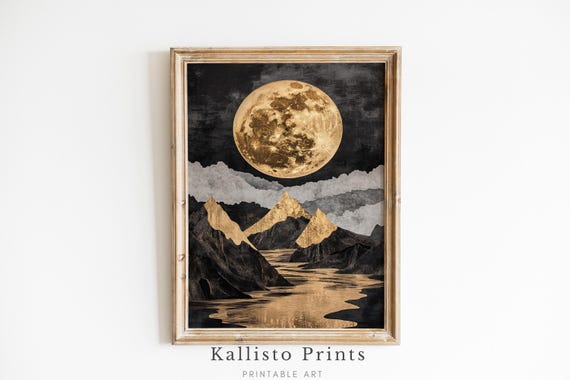 Black And Gold Moon Print Celestial Landscape Wall Art Surreal Night Sky Decor Lunar Mountain Poster 959