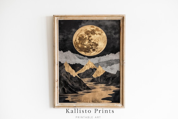 Golden Full Moon Dark Mountains Lake Reflection Celestial Wall Art