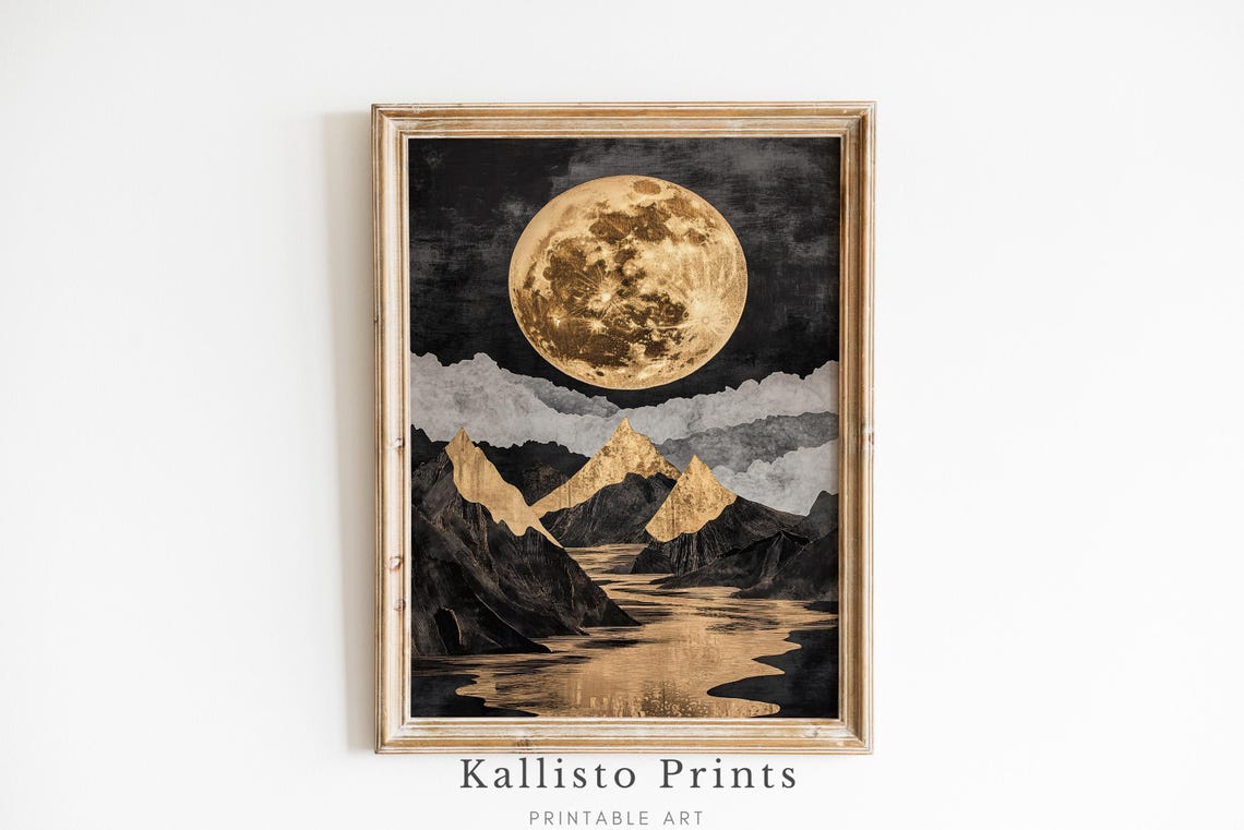 Golden Full Moon Dark Mountains Lake Reflection Celestial Wall Art