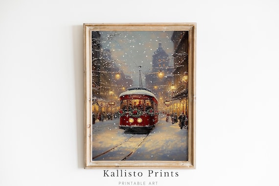 Vintage Christmas Tram Winter Scene Art Print