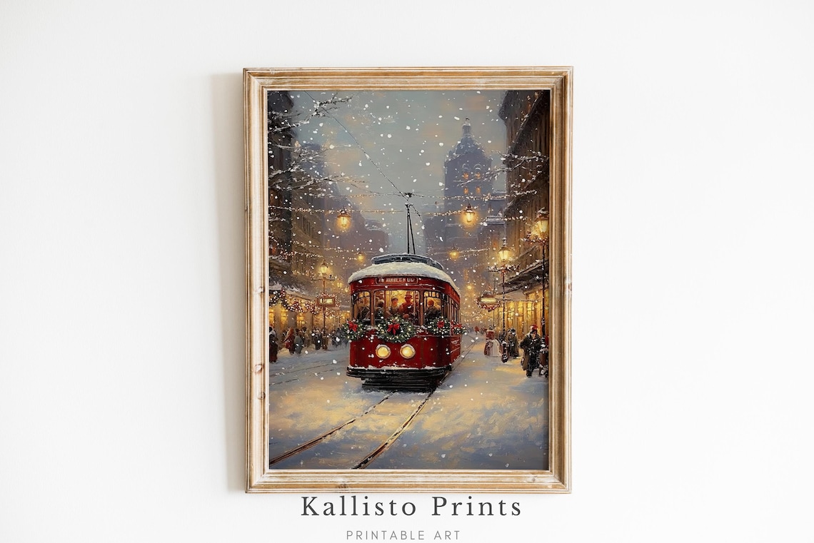 Vintage Christmas Tram Winter Scene Art Print