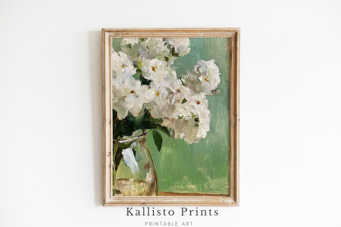 Artful White Flower Bouquet Poster Delicate Blossom Green Vase Art