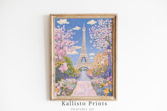 Paris Spring Eiffel Tower Art Print, Floral Cityscape