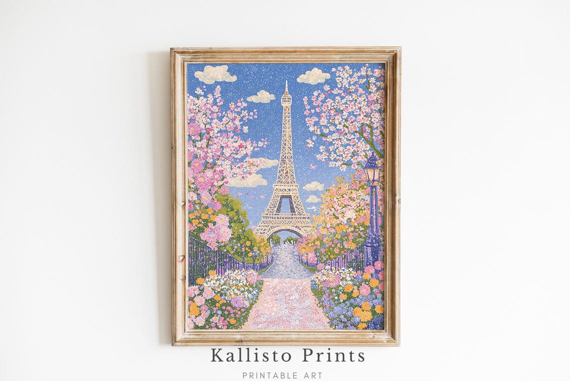 Paris Spring Eiffel Tower Art Print, Floral Cityscape