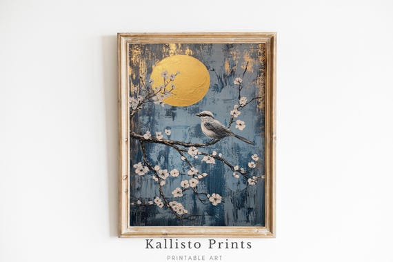 Golden Moon Bird Art Print Japanese Cherry Blossom Painting Tranquil Minimalist Wall Decor Elegant Nature Artwork 948