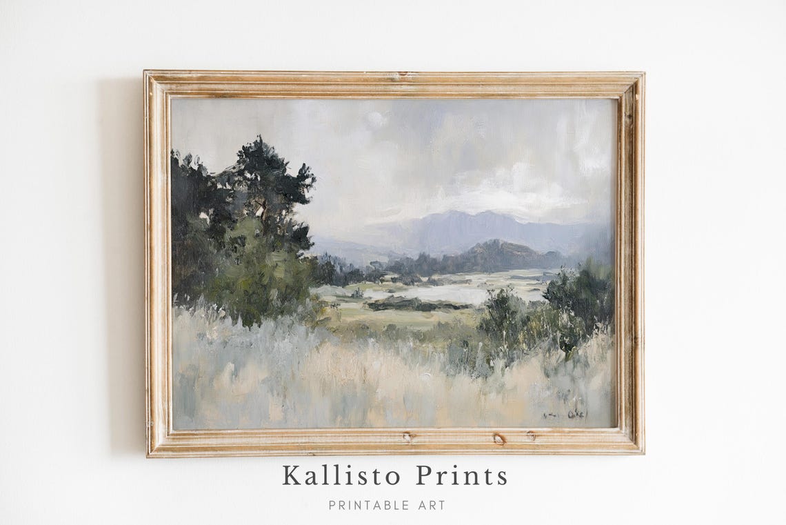 Serene Misty Countryside With Distant Mountains Landscape Poster