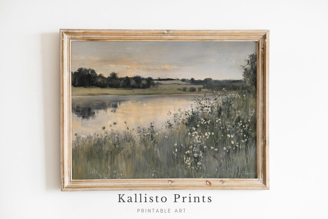 Evening Calm River With Wildflowers At Dusk Landscape Poster