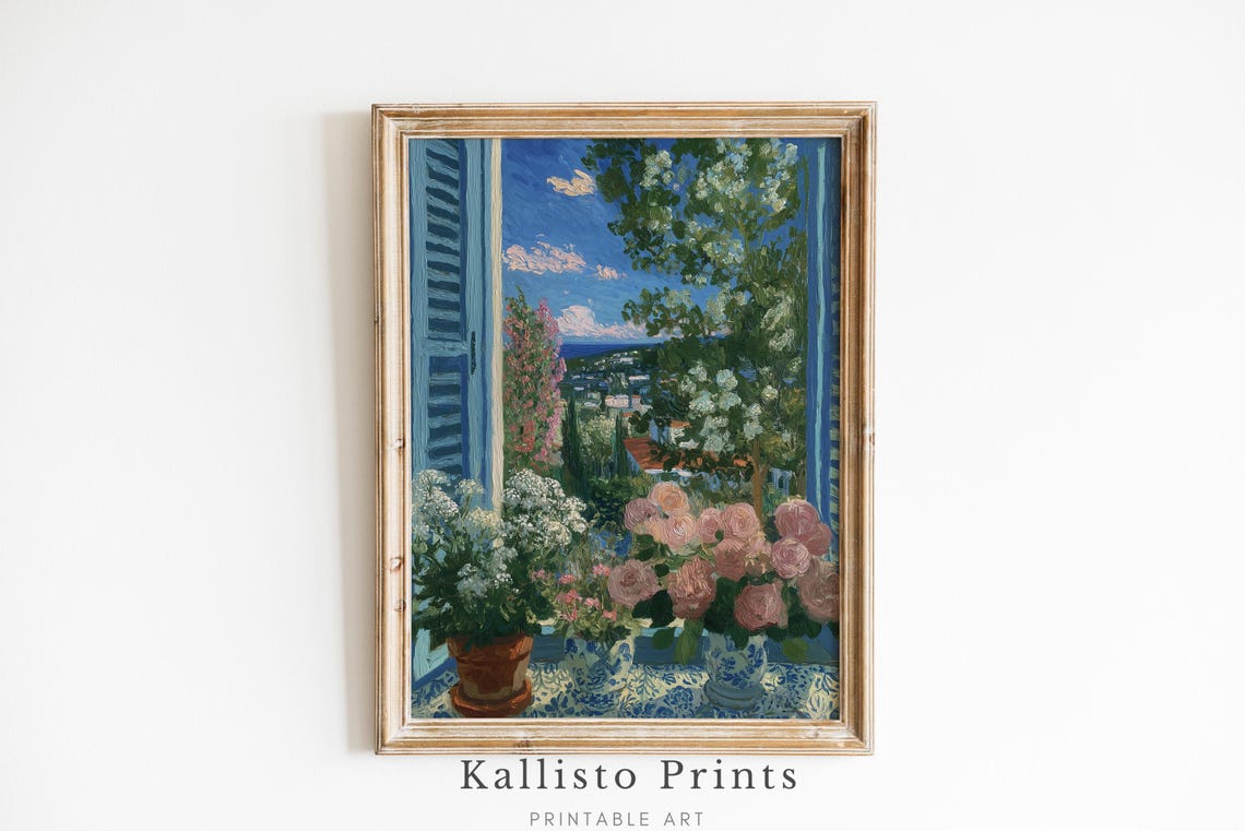 French Window Blue Shutters Roses Sea View Impressionist Print