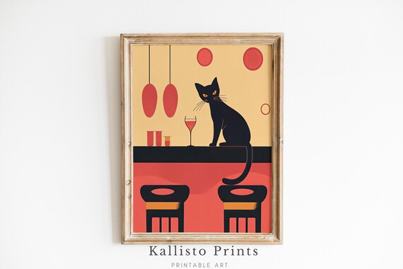 Black Cat At Bar Cocktail Retro Minimalist Illustration Poster