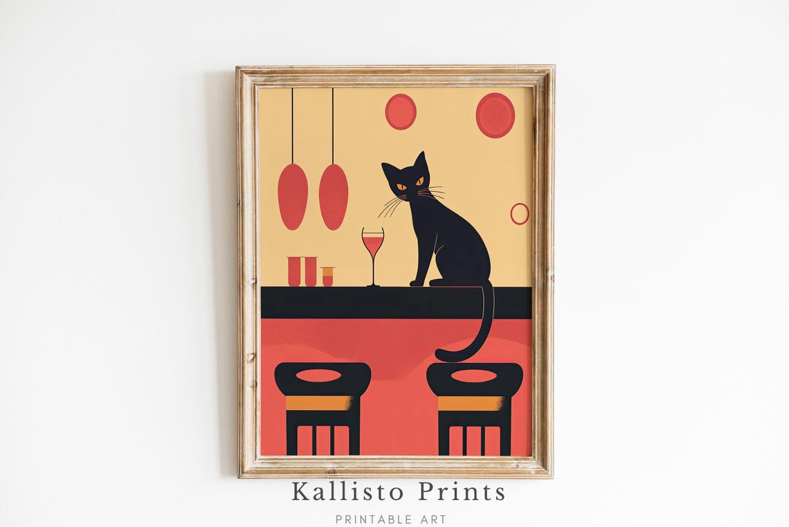 Retro Black Cat Bar Art Print Midcentury Modern Wall Decor Vintage Style With Wine Illustration 409