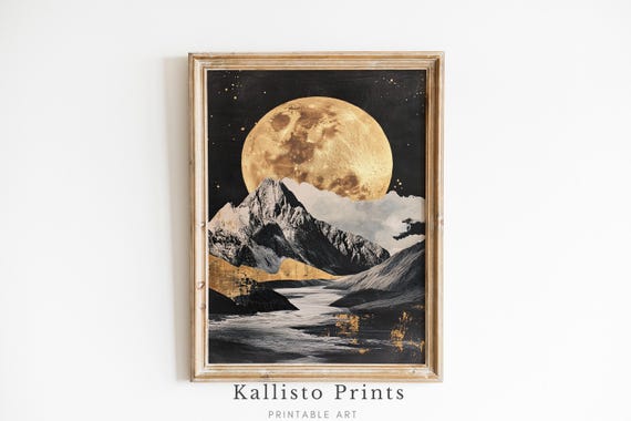 Gold Moon Mountain Art Celestial Landscape Print Black And Wall Decor Surreal Moonlight Poster 958