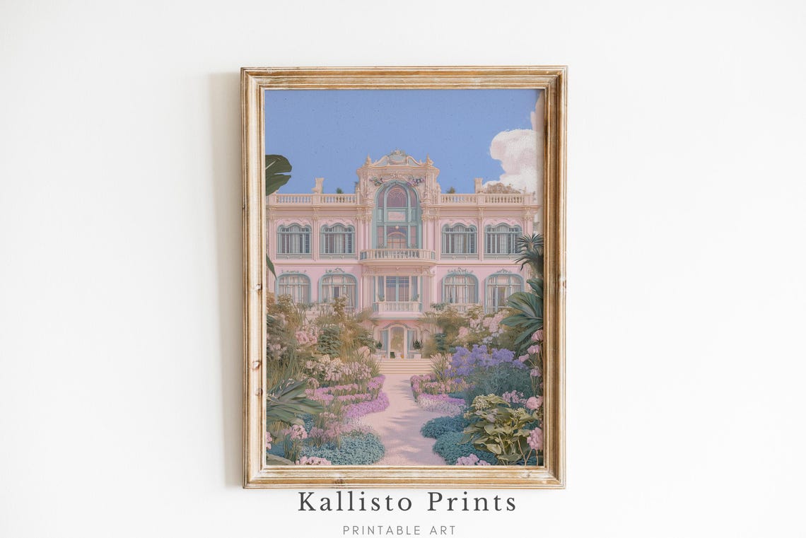 Grand Pink Palace Flower Garden Path Elegant French Estate Wall Art