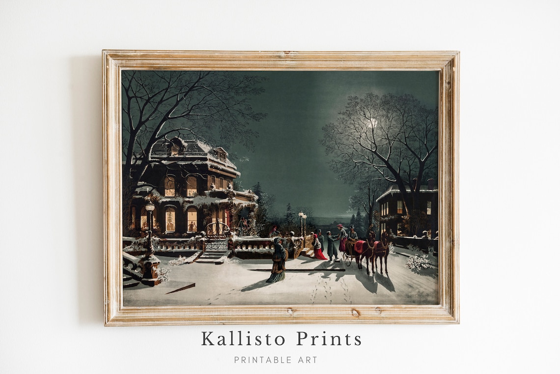 Victorian Christmas Gathering Art Print, Vintage Winter Scene