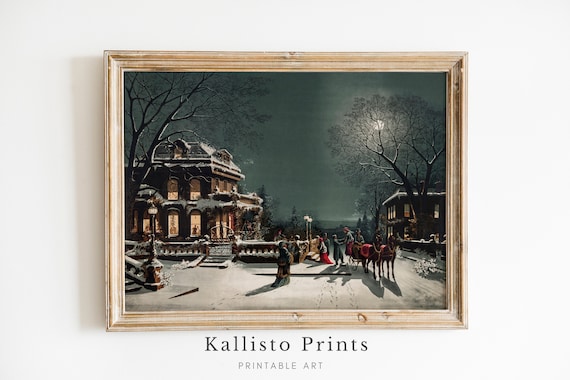 Victorian Christmas Gathering Art Print, Vintage Winter Scene