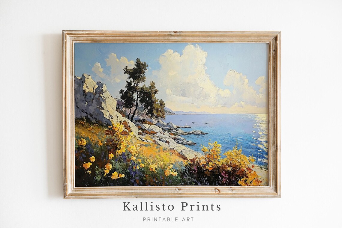Coastal Cliff Pine Trees Yellow Flowers Rocky Shore Art Poster