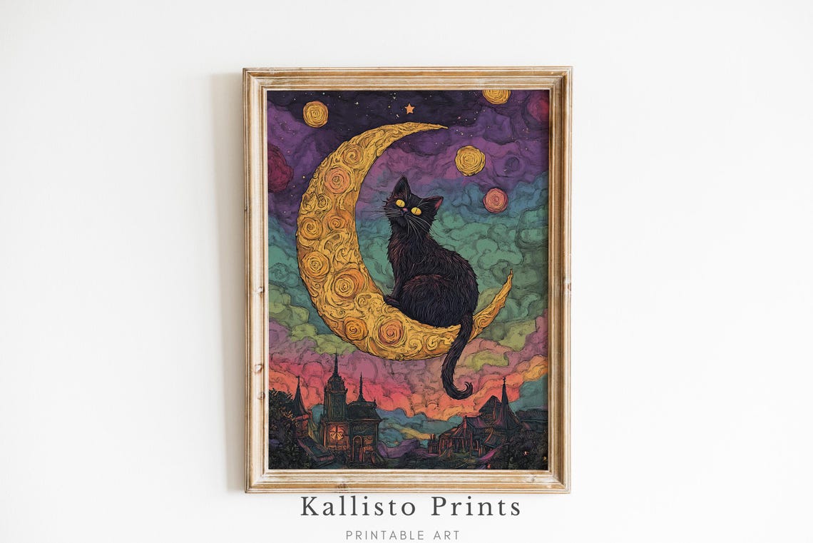 Black Cat on Golden Crescent Moon Whimsical Night Sky Poster