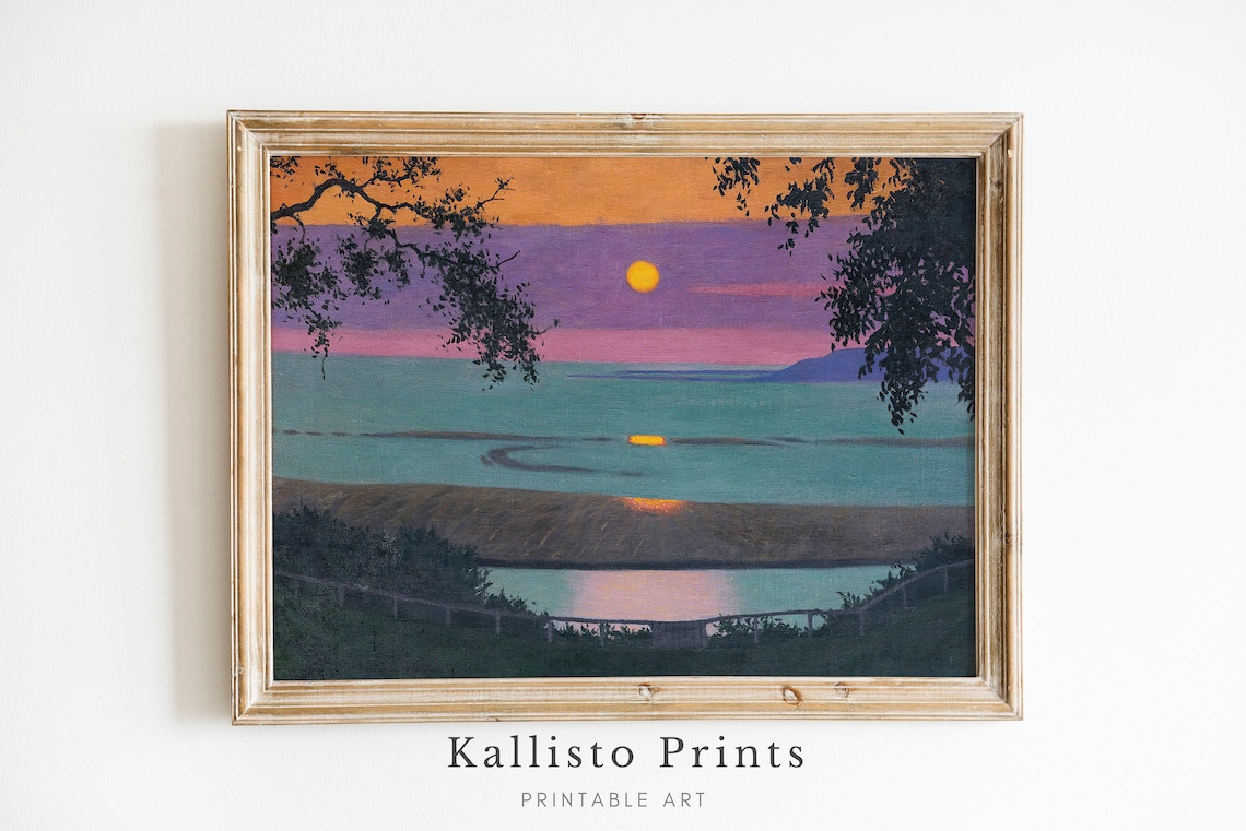 Vibrant Sunset Over Water Painting Colorful Seascape Evening Poster