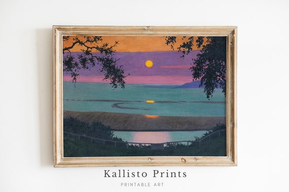 Vibrant Sunset Over Water Painting Colorful Seascape Art Print Bold Twilight Wall Coastal Nature Decor Evening Serenity105