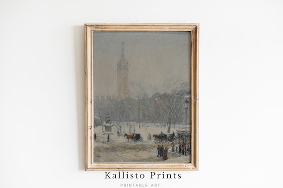 Winter City Park With Cathedral Tower And Horse Carriages Poster