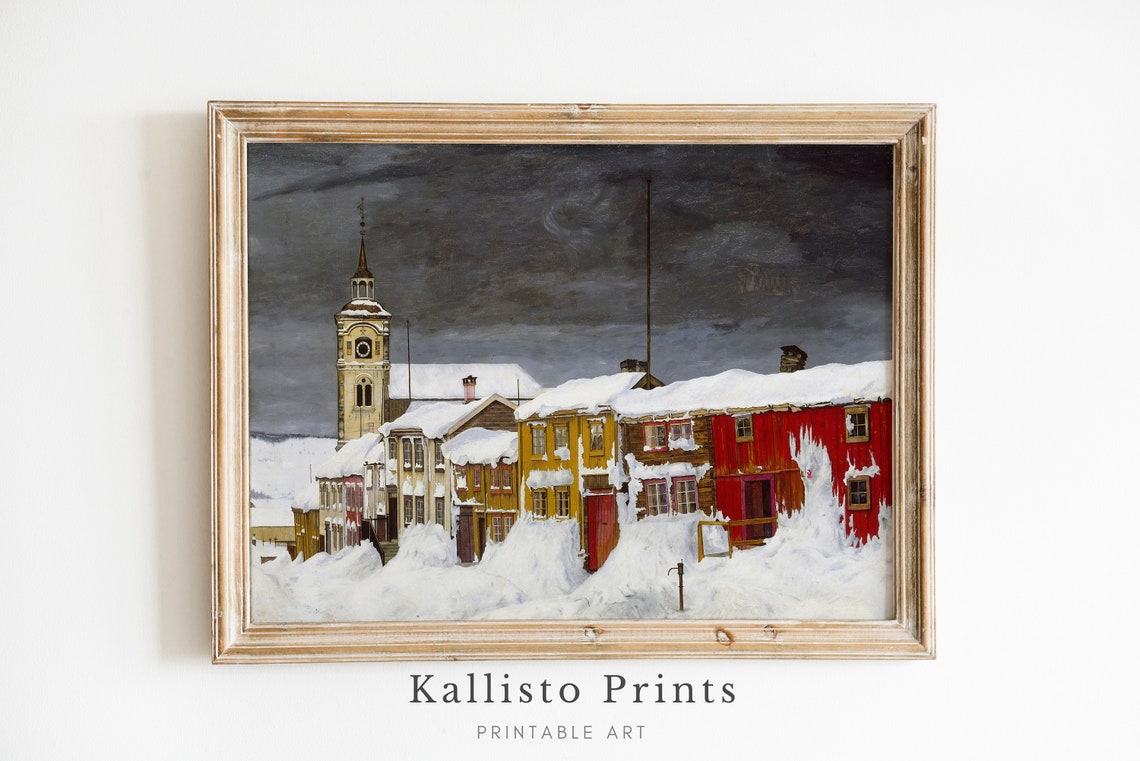 Colorful Snowy Village With Clock Tower Church Winter Town Poster