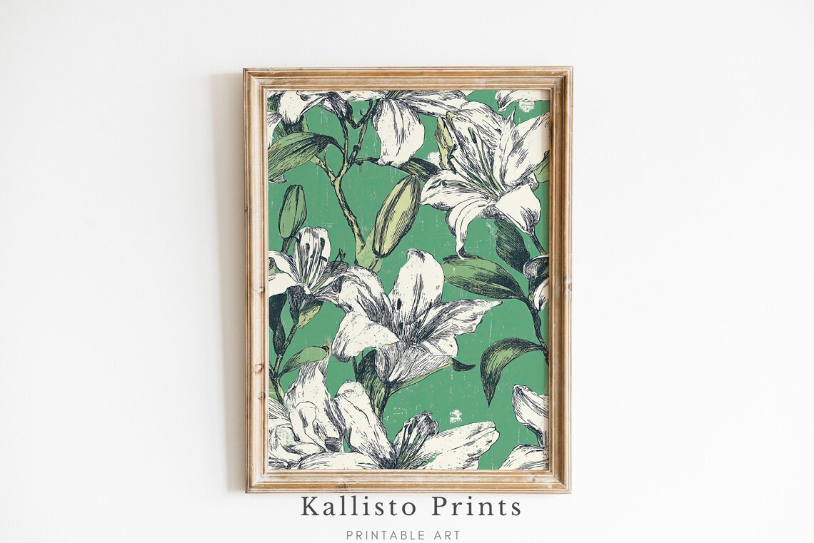 Vintage Lily Line Art Green Background Botanical Floral Sketch Poster