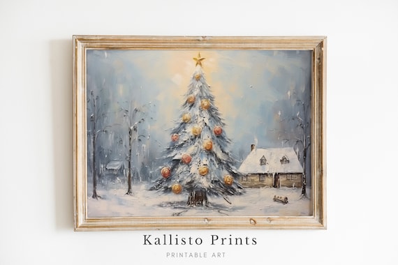 Decorated Christmas Tree Gold Ornaments Snowy Cottage Winter Poster