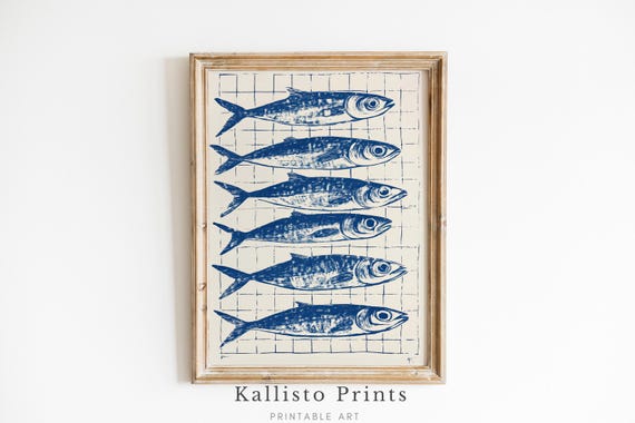 Minimalist Fish Art Print, Vintage Nautical Kitchen Decor