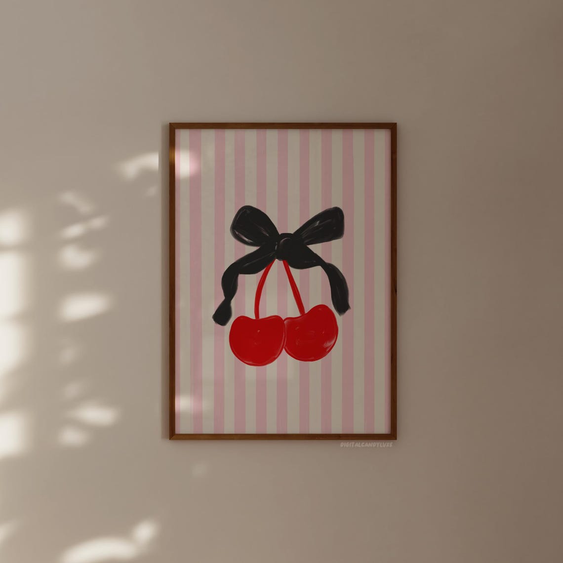 Red Cherries Black Bow Pink Stripes Coquette Playful Art Poster - Image 2