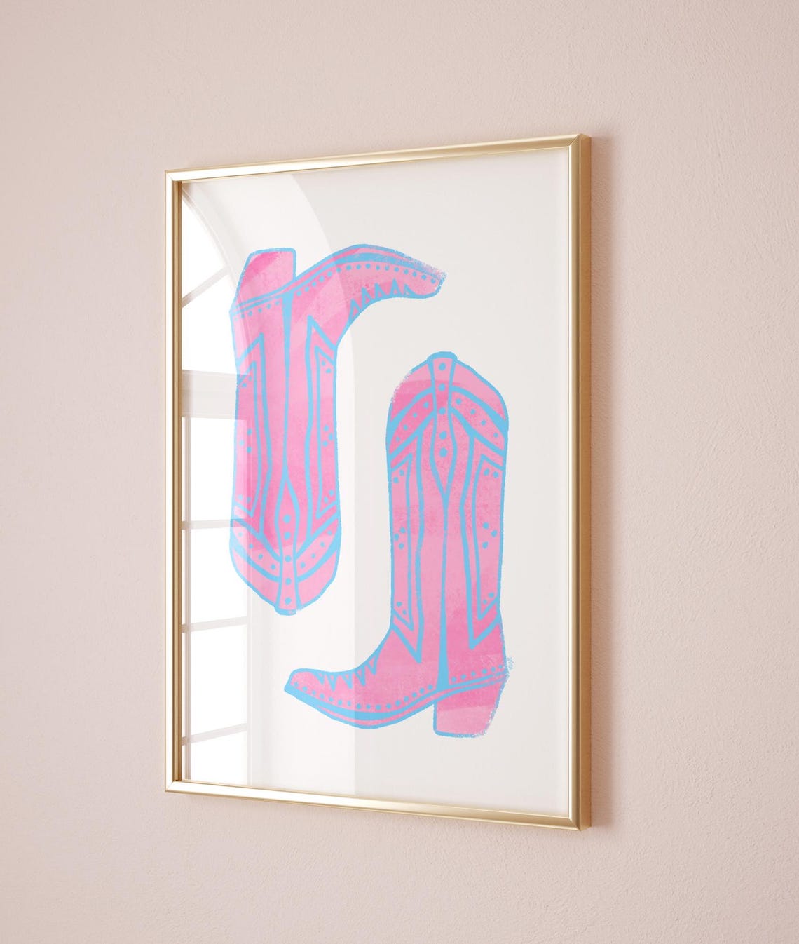 Pink Cowboy Boots with Blue Outline Western Illustration Poster Art