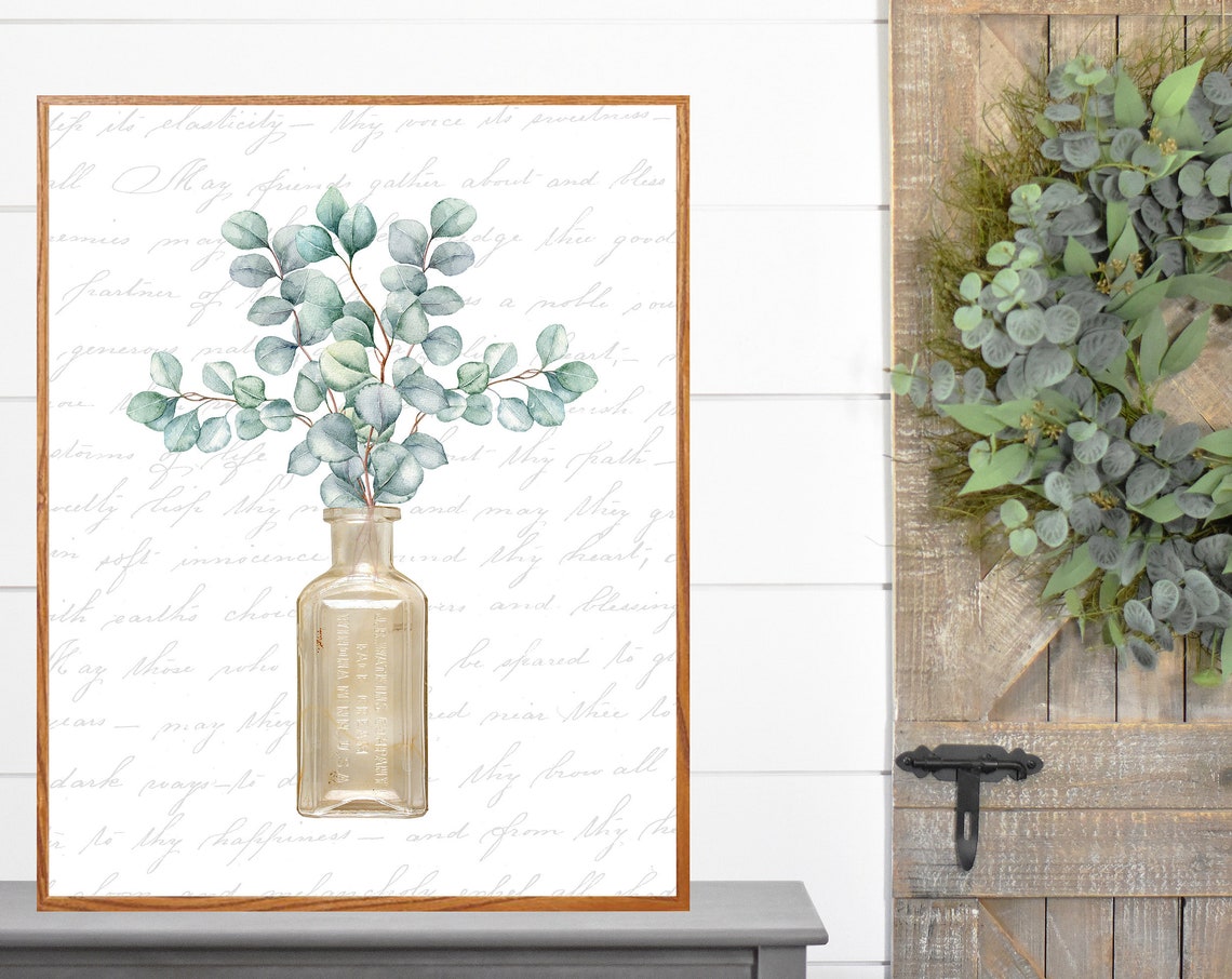 Vintage Amber Glass Bottle with Eucalyptus Blessing Script Poster