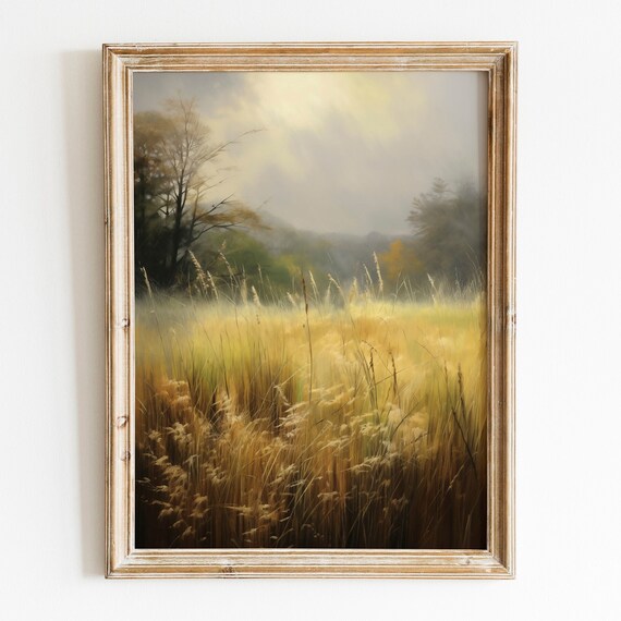 Green Wildflower Field Landscape Art Print, Farmhouse