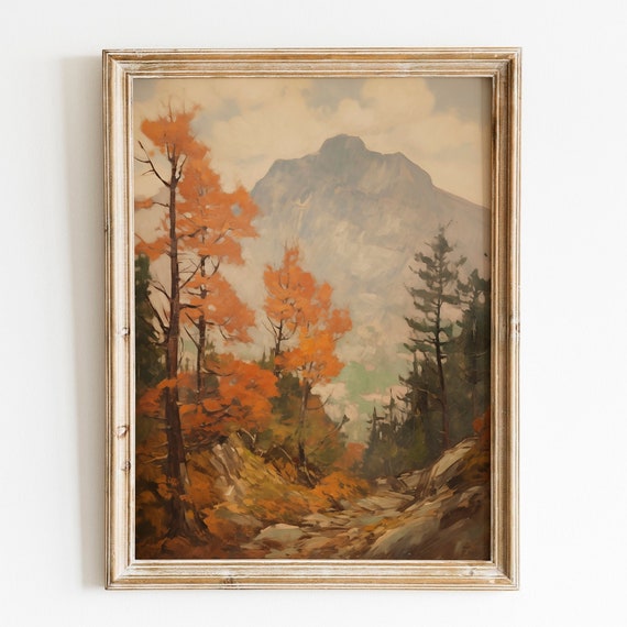 Rustic Fall Landscape Print Vintage Autumn Moody Wall Art Painting Farmhouse Decor Fall Mountain Print Autumn Landscape Art